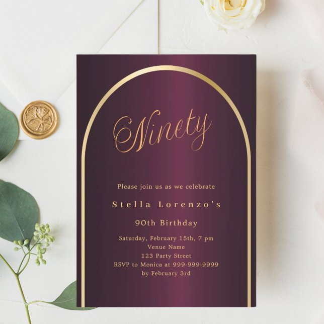 90th birthday burgundy gold arch script luxury invitation (Creator Uploaded)