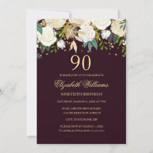 90th Birthday Burgundy Gold Floral Invitation