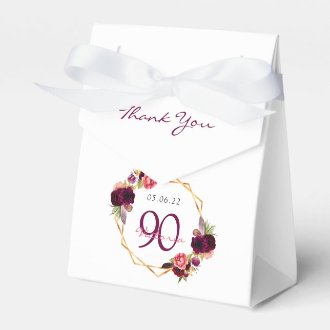 90th Birthday burgundy gold geometric floral white Favour Box (Front Side)