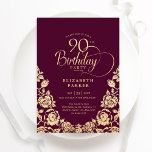 90th Birthday Burgundy Gold Roses Invitation<br><div class="desc">Burgundy gold elegant 90th birthday party invitation. Classy design featuring roses,  faux gold foil and typography script font. Trendy invite card perfect for a stylish female bday celebration. Personalise with your own details. Can be customised to any age. Printed Zazzle invitations or instant download digital printable template.</div>
