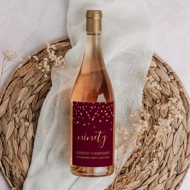 90th Birthday Burgundy Gold Triangle Confetti Wine Label (Creator Uploaded)
