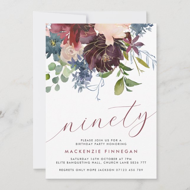 90th Birthday Burgundy & Navy Floral Script Party Invitation (Front)