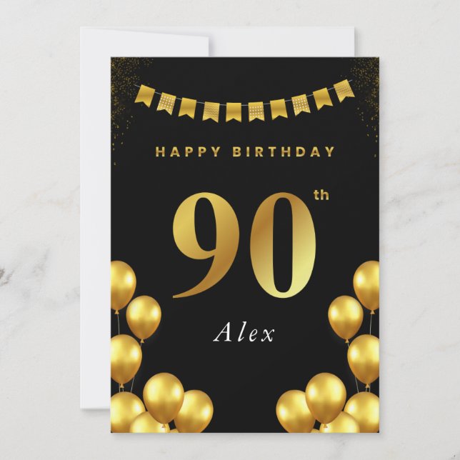 90th Birthday Card Black and Gold Balloons (Front)