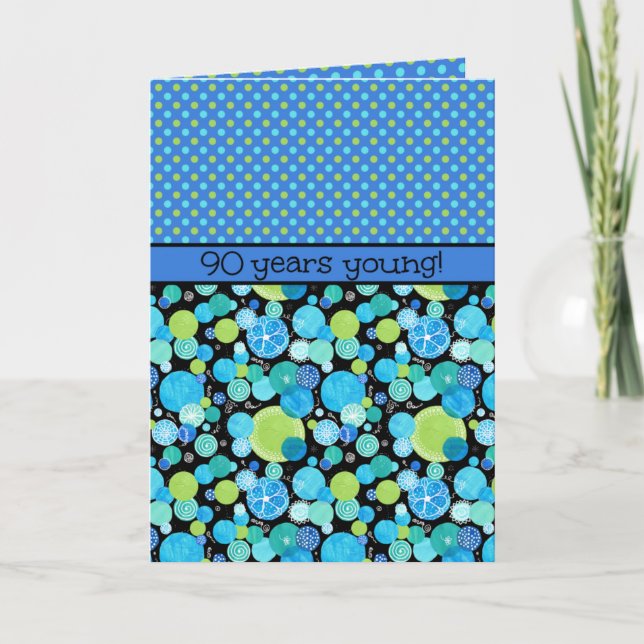90th Birthday Card: Quirky Moons and Polka Dots Card (Front)