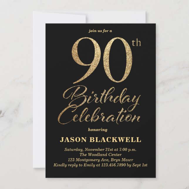 90th Birthday Celebration Black & Gold Invitation (Front)