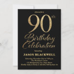 90th Birthday Celebration Black & Gold Invitation<br><div class="desc">90th birthday celebration invitation</div>
