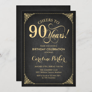 90th Birthday - Chalkboard Gold Invitation