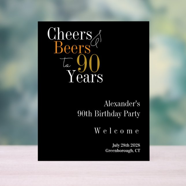 90th Birthday Cheers and Beers Black Gold Welcome Acrylic Sign (Neutral)