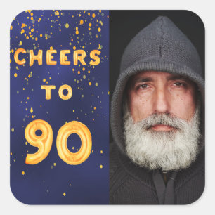 90th birthday cheers to 90 gold balloon text blue square sticker