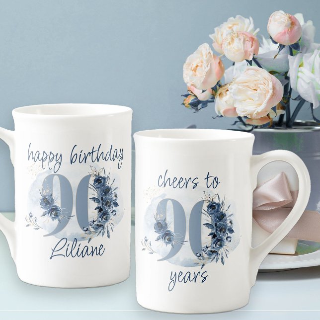 90th Birthday Cheers to 90 Years Floral Number Bone China Mug (90th Birthday Gift Mug from my Floral Number Birthday Party Collection)