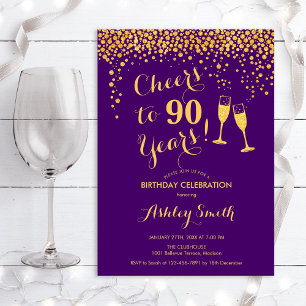 90th Birthday - Cheers To 90 Years Gold Purple Invitation