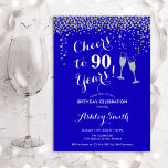 90th Birthday - Cheers To 90 Years Royal Blue Invitation<br><div class="desc">90th Birthday Invitation. Cheers To 90 Years! Elegant design in royal blue,  white and silver. Features champagne glasses,  script font and glitter silver confetti. Perfect for a stylish ninetieth birthday party. Personalise with your own details. Can be customised to show any age.</div>