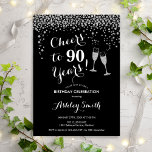 90th Birthday - Cheers To 90 Years Silver Black Invitation<br><div class="desc">90th Birthday Invitation. Cheers To 90 Years! Elegant design in black,  white and silver. Features champagne glasses,  script font and glitter silver confetti. Perfect for a stylish ninetieth birthday party. Personalise with your own details. Can be customised to show any age.</div>