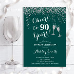 90th Birthday - Cheers To 90 Years Silver Green Invitation<br><div class="desc">90th Birthday Invitation. Cheers To 90 Years! Elegant design in green,  white and silver. Features champagne glasses,  script font and glitter silver confetti. Perfect for a stylish ninetieth birthday party. Personalise with your own details. Can be customised to show any age.</div>