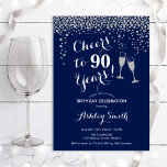 90th Birthday - Cheers To 90 Years Silver Navy Invitation<br><div class="desc">90th Birthday Invitation. Cheers To 90 Years! Elegant design in navy,  white and silver. Features champagne glasses,  script font and glitter silver confetti. Perfect for a stylish ninetieth birthday party. Personalize with your own details. Can be customized to show any age.</div>