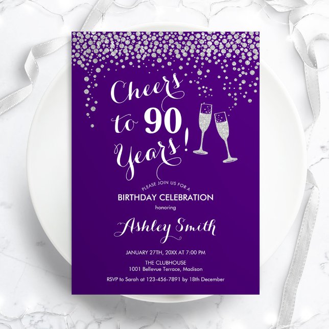 90th Birthday - Cheers To 90 Years Silver Purple Invitation (Creator Uploaded)