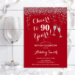 90th Birthday - Cheers To 90 Years Silver Red Invitation<br><div class="desc">90th Birthday Invitation. Cheers To 90 Years! Elegant design in red,  white and silver. Features champagne glasses,  script font and glitter silver confetti. Perfect for a stylish ninetieth birthday party. Personalise with your own details. Can be customised to show any age.</div>