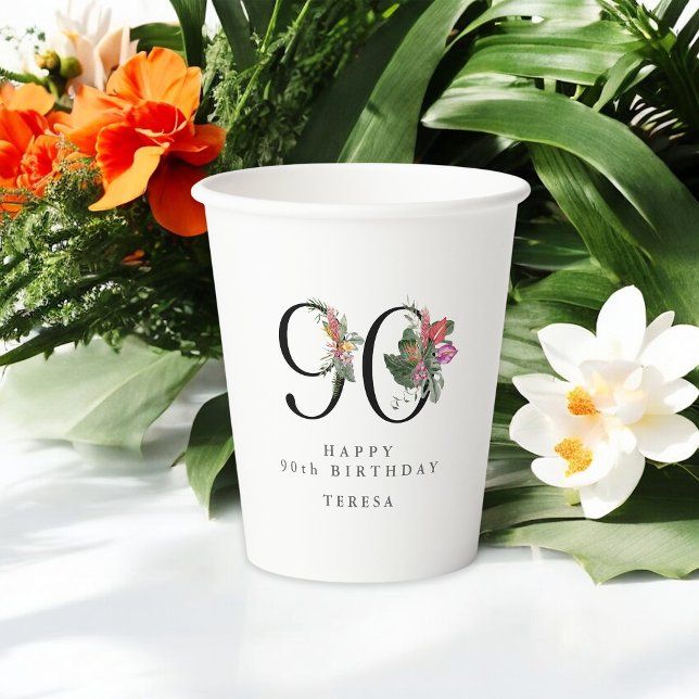 90th Birthday Cheers with Name Tropical Floral Paper Cups (Creator Uploaded)