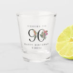 90th Birthday Cheers with Name Tropical Floral Shot Glass<br><div class="desc">An elegant and simple tropical 90th birthday design that is sophisticated and classy, this shot glass has palm fronds, hibiscus, fig blossoms, anthuriums, bird of paradise, and orchids adorn the number "90" with beauty and elegance for this special milestone birthday celebration. The text template can be personalised with the guest...</div>