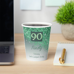 90th Birthday Classy Falling Green Glitter Paper Cups