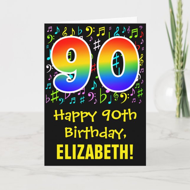 90th Birthday: Colorful Music Symbols + Rainbow 90 Card (Front)