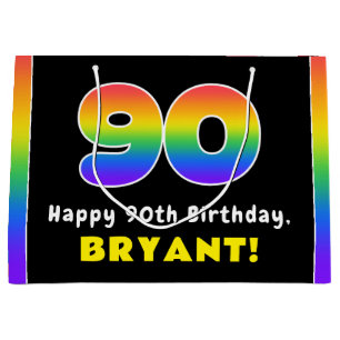 90th Birthday: Colorful Rainbow # 90, Custom Name Large Gift Bag
