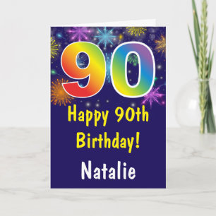 90th Birthday Colorful Rainbow Fireworks Navy Blue Card