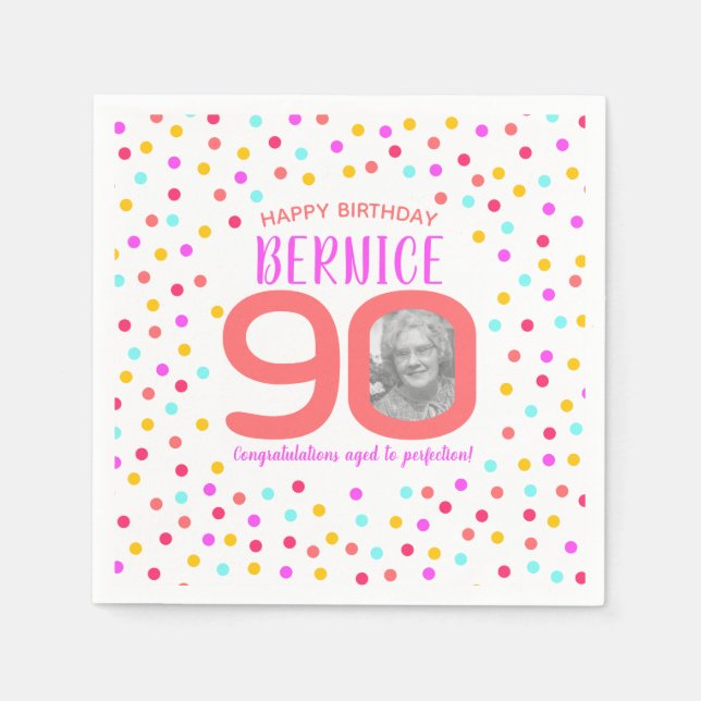 90th birthday colourful coral confetti custom phot napkin (Front)