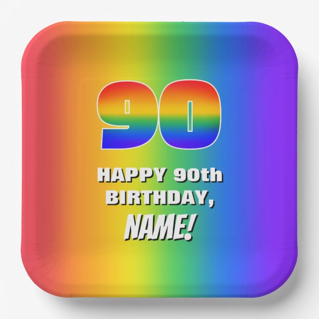 90th Birthday: Colourful, Fun Rainbow Pattern # 90 Paper Plate (Front)