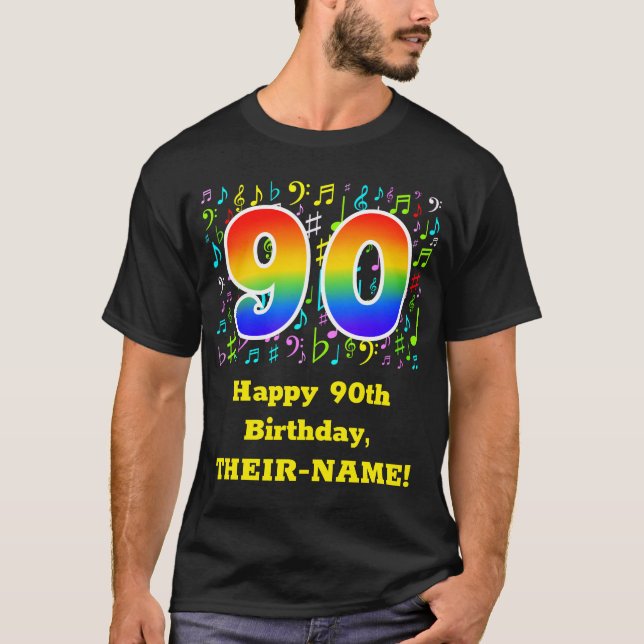 90th Birthday: Colourful Music Symbols, Rainbow 90 T-Shirt (Front)