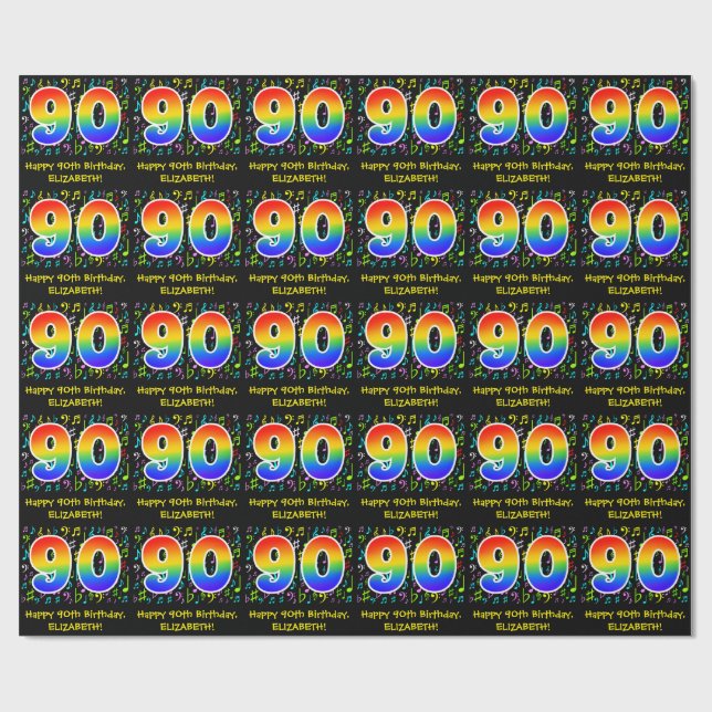 90th Birthday: Colourful Music Symbols, Rainbow 90 Wrapping Paper (Flat)