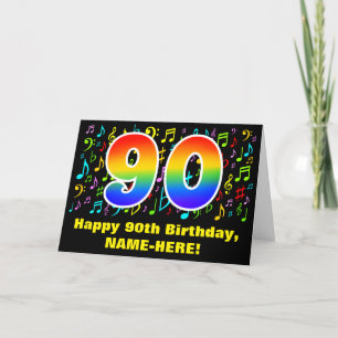 90th Birthday: Colourful Music Symbols & Rainbow 9 Card