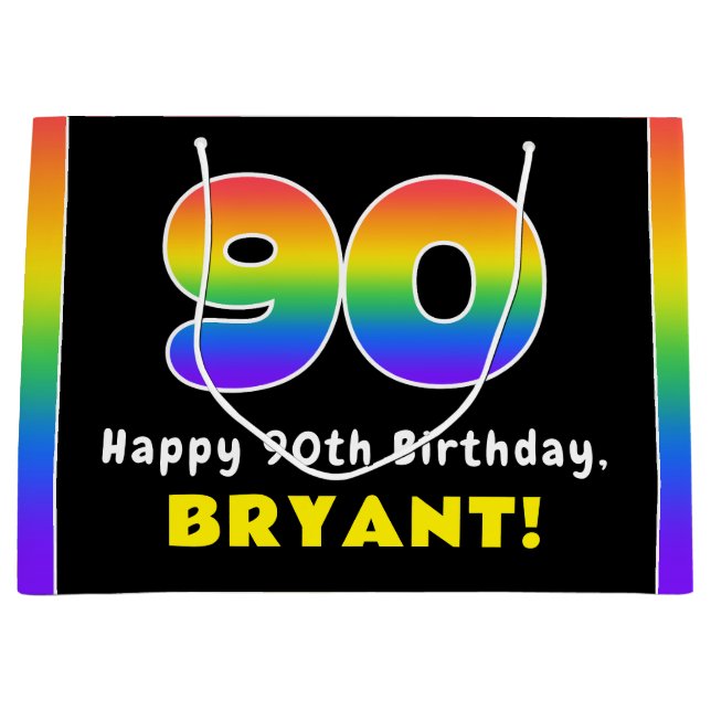 90th Birthday: Colourful Rainbow # 90, Custom Name Large Gift Bag (Front)