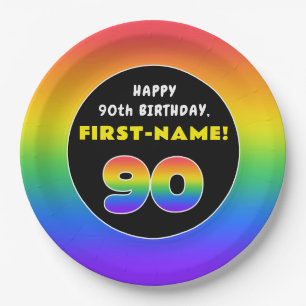 90th Birthday: Colourful Rainbow # 90, Custom Name Paper Plate