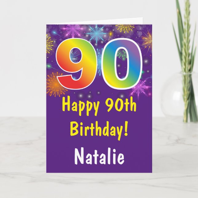 90th Birthday Colourful Rainbow Fireworks Purple Card (Front)