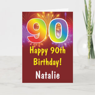 90th Birthday Colourful Rainbow Fireworks Red Card