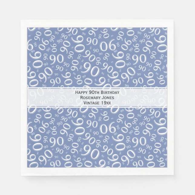 90th Birthday Cool Number Pattern Blue/White Napkin (Front)