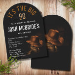 90th Birthday Cowboy Hat Boots Masculine Invitation<br><div class="desc">90th Birthday Cowboy Hat Boots Masculine Invitation features a pair of black leather cowboy boots with a brown cowboy hat draped over the top. Personalise by editing the text or delete text in the text boxes. Created by Evco Studio www.zazzle.com/store/evcostudio</div>