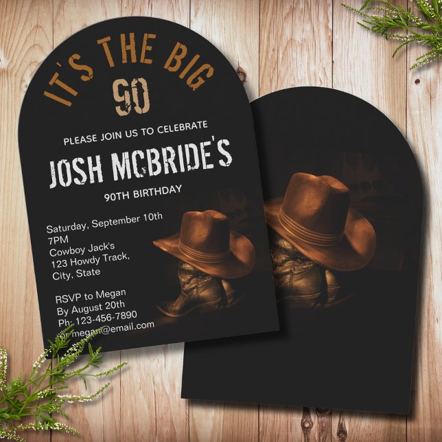 90th Birthday Cowboy Hat Boots Masculine Invitation (Creator Uploaded)