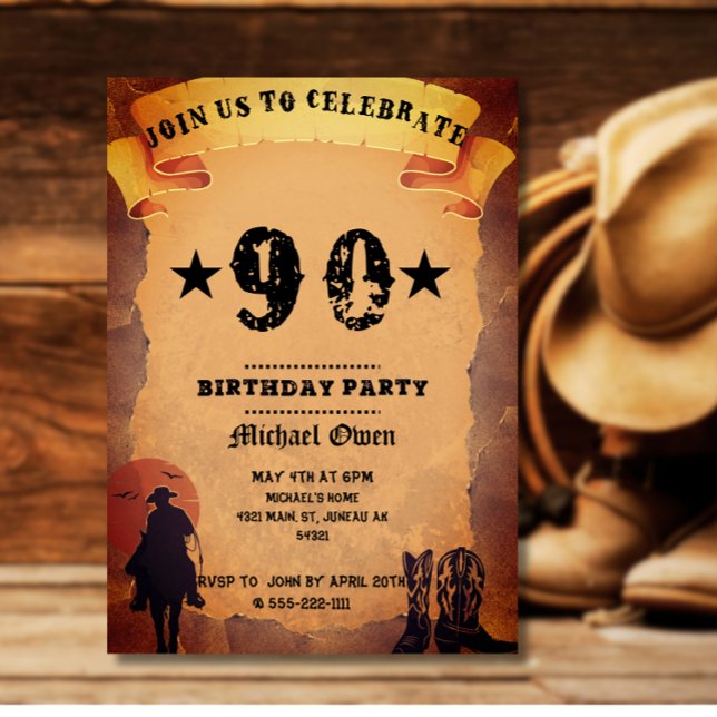 90th birthday cowboy old paper horse riding party invitation (Creator Uploaded)