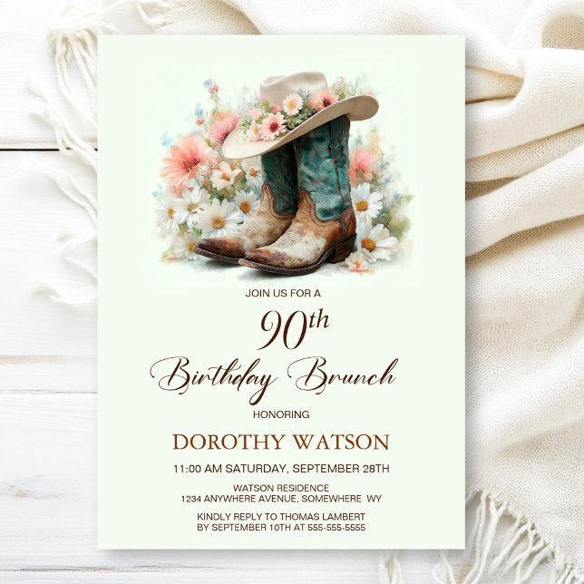 90th Birthday Cowgirl Boots Birthday Brunch Invitation (Creator Uploaded)