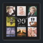 90th birthday custom photo collage family black square wall clock<br><div class="desc">A wall clock as a gift for a 90th birthday for a guy,  celebrating his life with a collage of 8 of your own photos.  Personalise and add age 90,  and a date.  Date of birth or the date of the anniversary.  White coloured letters.  Black background.</div>