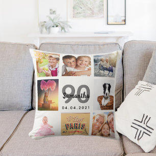 90th birthday custom photo collage woman white cushion