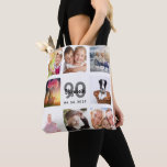 90th birthday custom photo collage woman white tote bag<br><div class="desc">A unique gift for a woman's 90th birthday, celebrating her life with a collage of 8 of your own photos, pictures. Personalise and add her name, age 90 and a date. A chic white background. Grey and black letters and numbers. The name is written with a modern hand lettered style...</div>