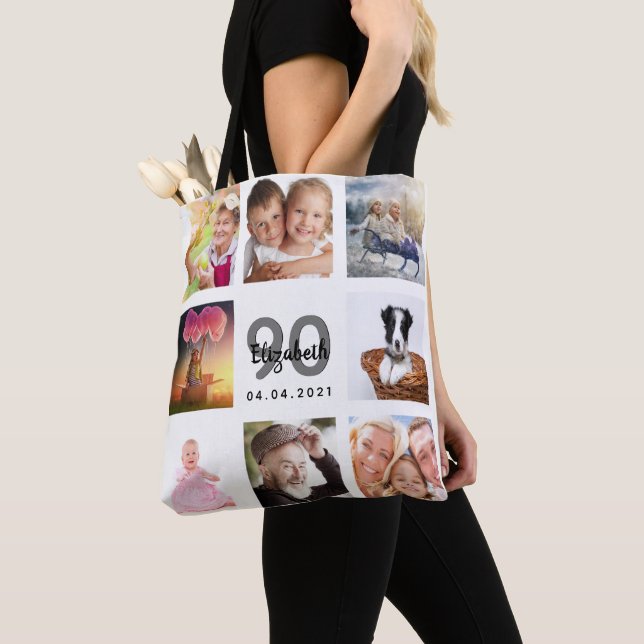 90th birthday custom photo collage woman white tote bag (Close Up)