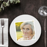 90th birthday custom photo hello 90 woman napkin<br><div class="desc">Template for Your photo.  White text overlay: Hello 90!  A napkin for a 90th birthday party.</div>