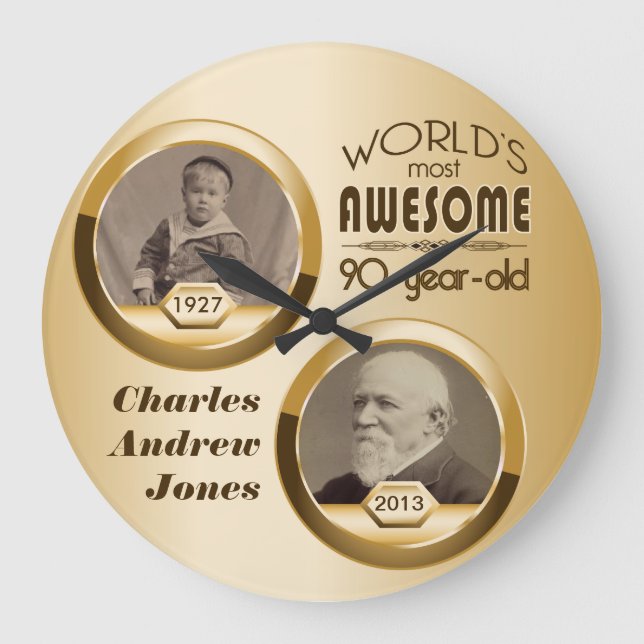 90th Birthday Customised Then Now Gold Photo Frame Large Clock (Front)