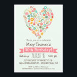 90th Birthday, Cute Floral Heart Birthday Party Invitation<br><div class="desc">Cute, colourful heart, elegant 90th birthday party invitation. Personalise this cute, retro feel invite for your loved one that is turning 90 years young. Cute, simple, plain design. Perfect for adult lady's birthday party. Features floral heart with pink, pastel sage green, yellow, orange turquoise blue, teal, coral, and white flowers,...</div>