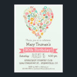 90th Birthday, Cute Floral Heart Birthday Party Invitation<br><div class="desc">Cute, colourful heart, elegant 90th birthday party invitation. Personalise this cute, retro feel invite for your loved one that is turning 90 years young. Cute, simple, plain design. Perfect for adult lady's birthday party. Features floral heart with pink, pastel sage green, yellow, orange turquoise blue, teal, coral, and white flowers,...</div>