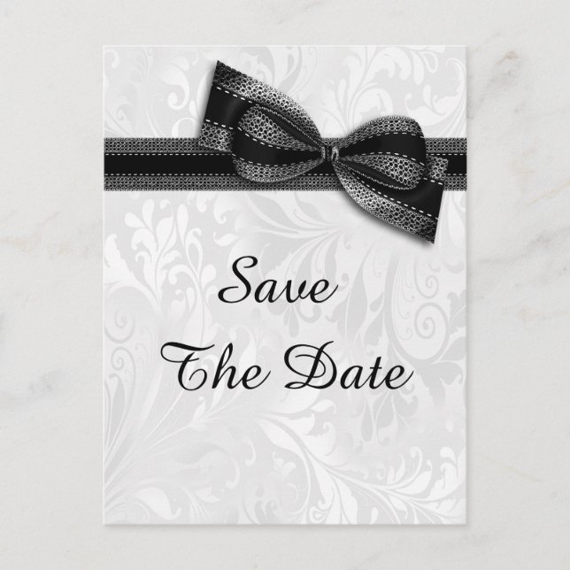 90th Birthday Damask and Faux Bow Save The Date Announcement Postcard (Front)